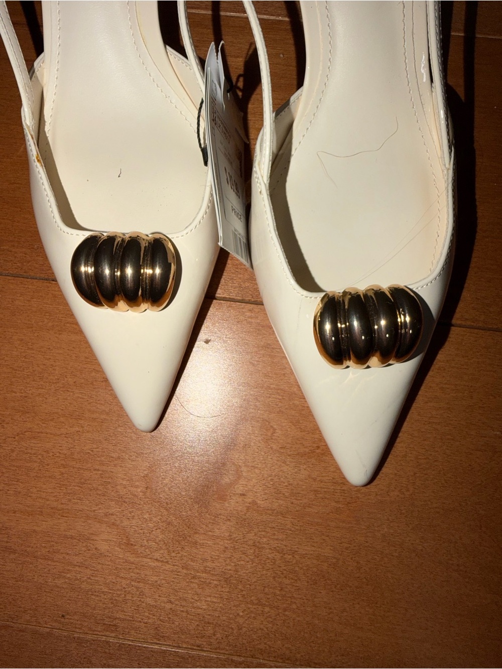 Mango White Pointed Toe Slingback Pumps with Gold Accent